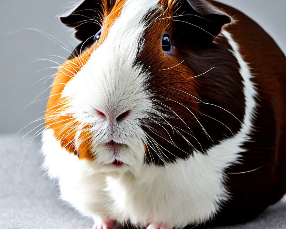 Tri-colored guinea pig with white, brown, and orange fur in close-up shot.