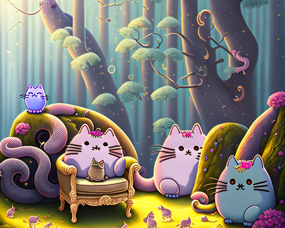 Colorful Illustration of Purple Cats in Whimsical Forest Setting