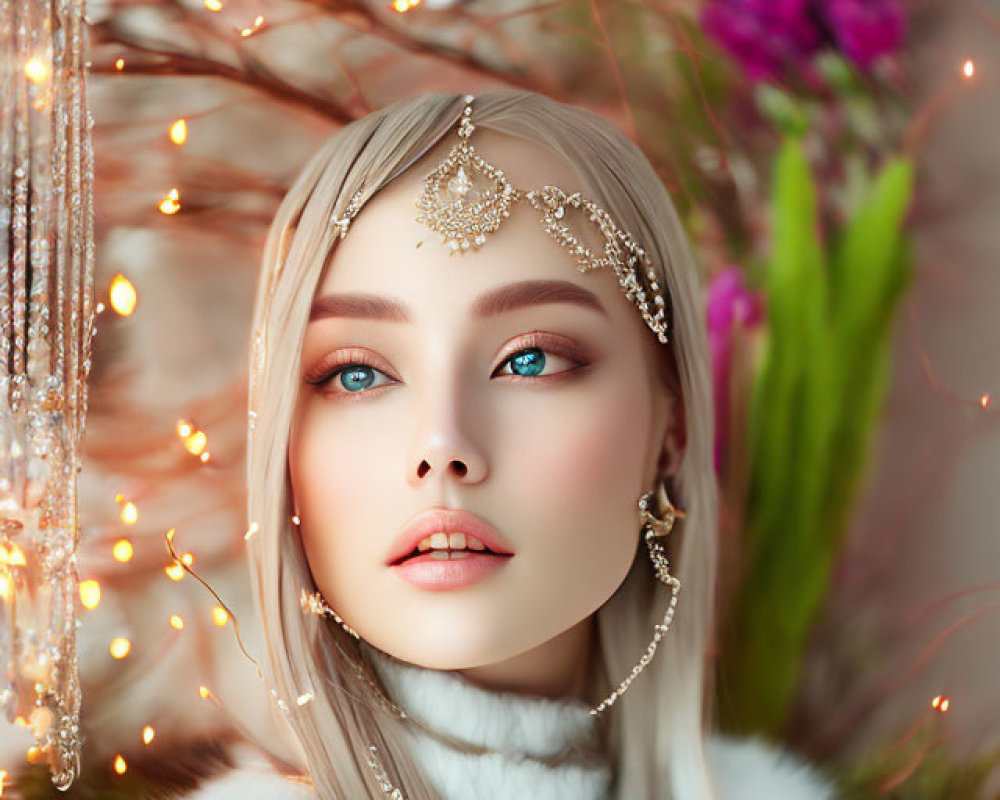 Portrait of Woman with Striking Blue Eyes and Blonde Hair in Golden Headpiece, Surrounded by Fairy