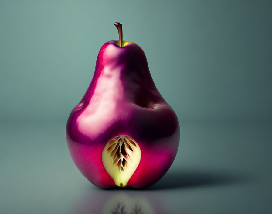 Purple pear with cutaway on teal background - Detailed Image