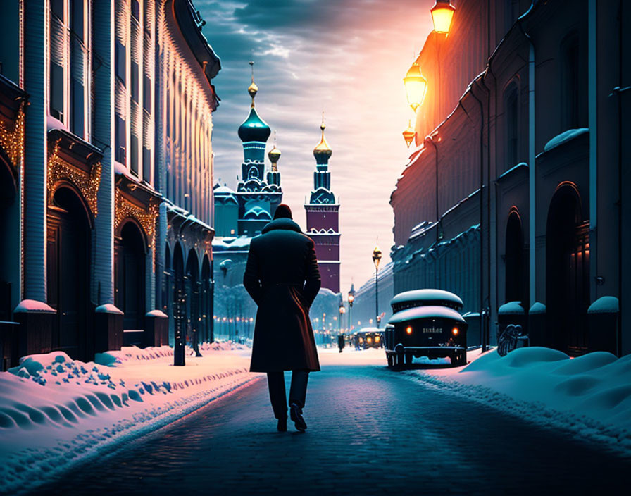 Snowy street at dusk with glowing streetlights and onion-domed buildings.