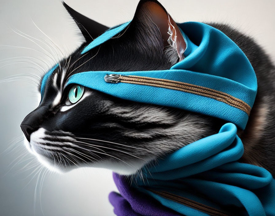 Black and white cat with green eyes in blue zippered hoodie