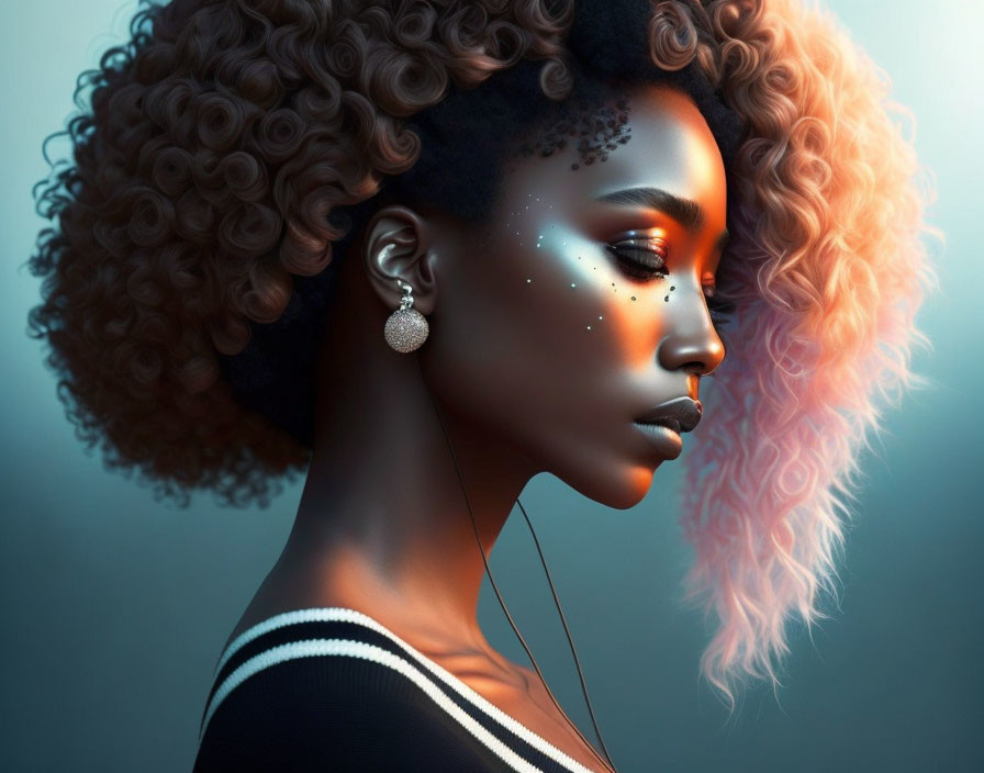 Woman with Voluminous Curly Ombre Hair and Sparkling Makeup on Soft Blue Background