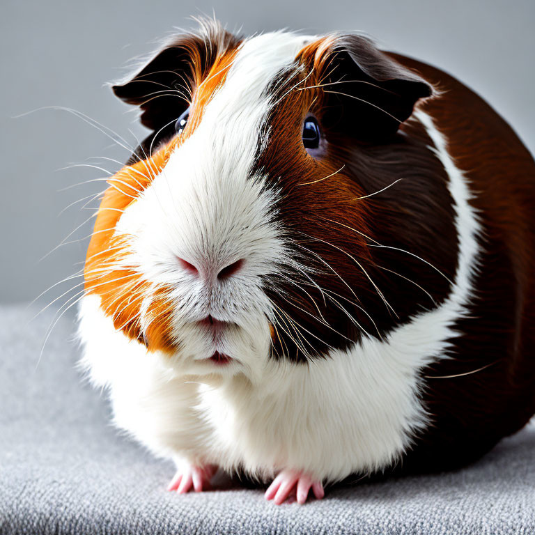 Tri-colored guinea pig with white, brown, and orange fur in close-up shot.