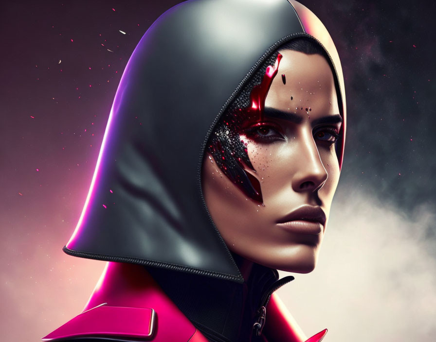 Digital artwork: Woman in shiny helmet with cybernetic elements