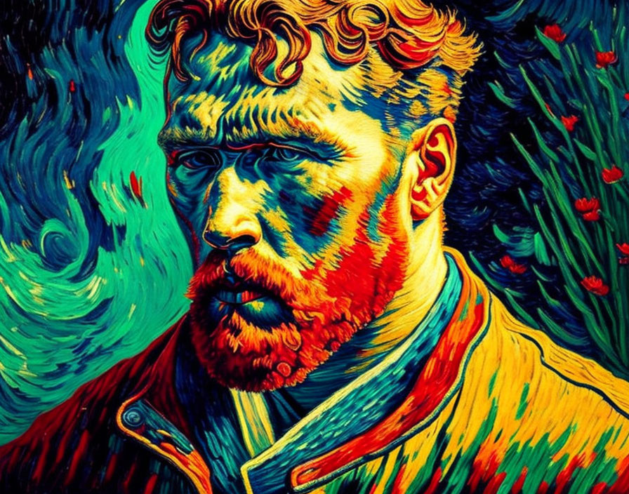 Vibrant swirling patterns in colorful self-portrait reinterpretation