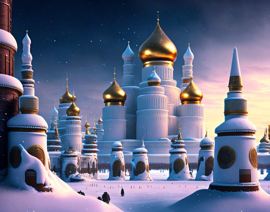 Snowy scene with palace-like buildings, golden and silver domes, under purple twilight sky, two