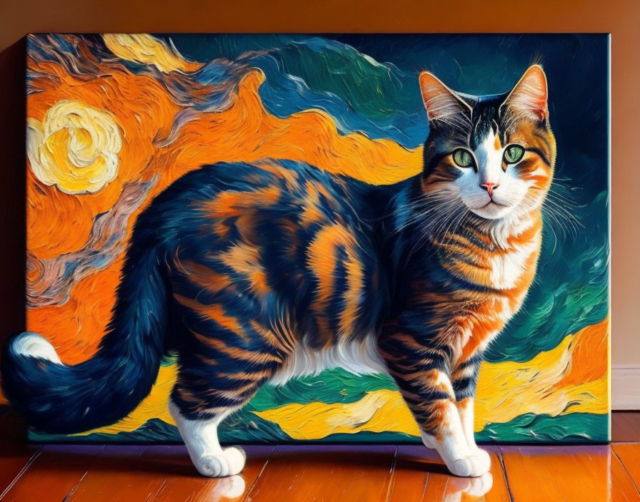 Colorful Cat with Vibrant Fur Patterns Harmonizes with Van Gogh-Inspired Canvas