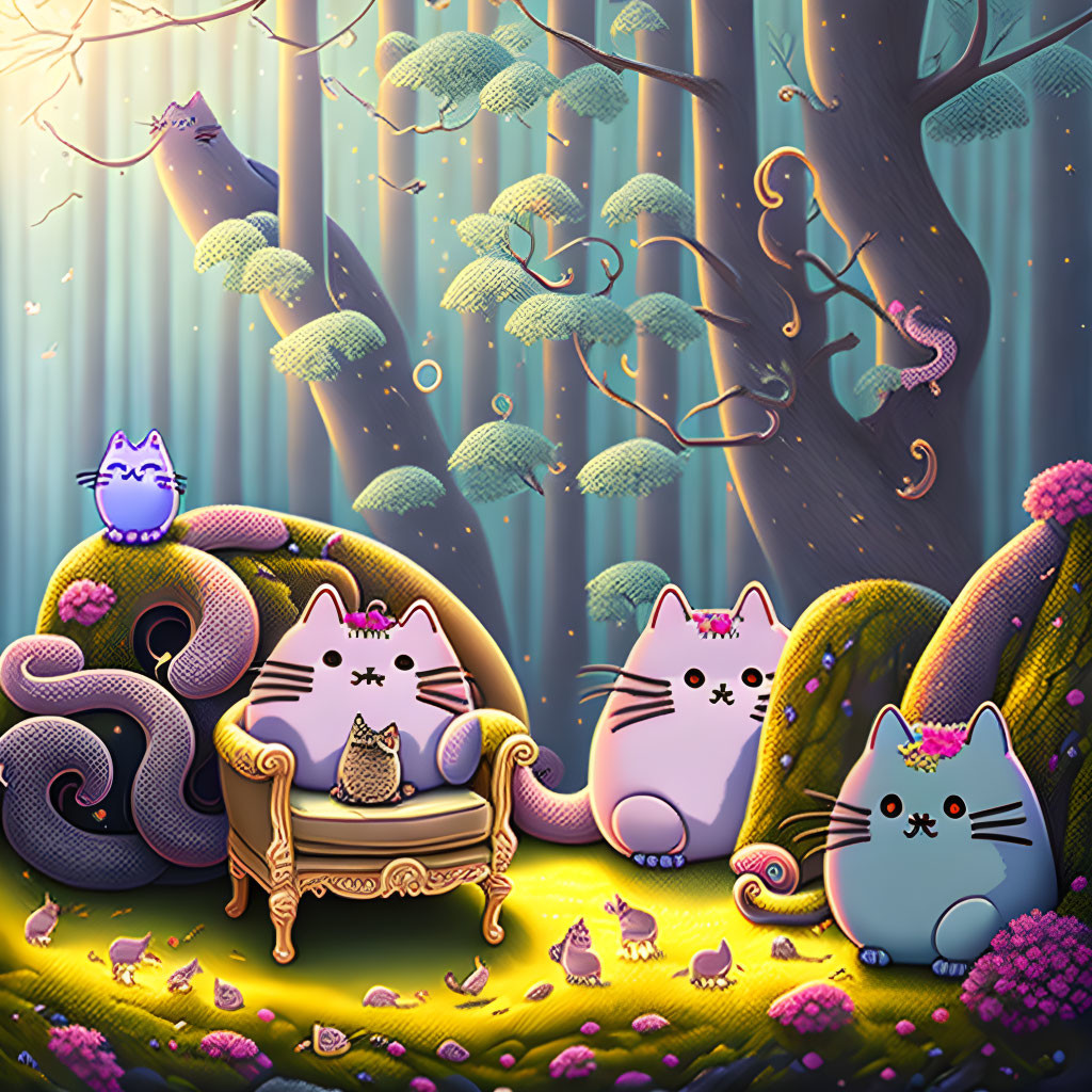 Colorful Illustration of Purple Cats in Whimsical Forest Setting