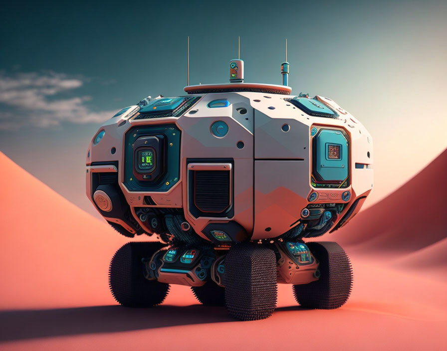 Futuristic spherical robot with legs and antennas on sandy desert terrain