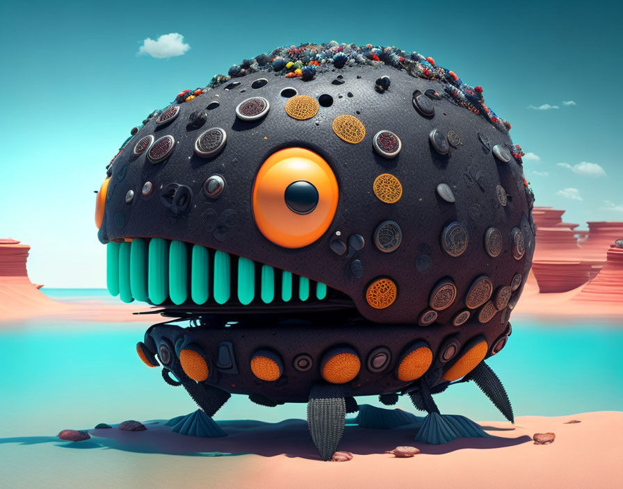 Colorful Button-Adorned Creature with Large Eye in Desert Landscape