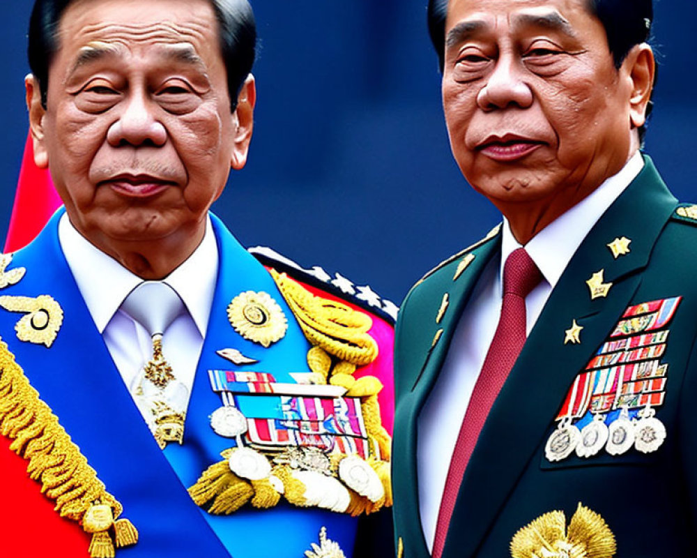 Two individuals in elaborate uniforms with medals, one in blue sash and the other in military attire,