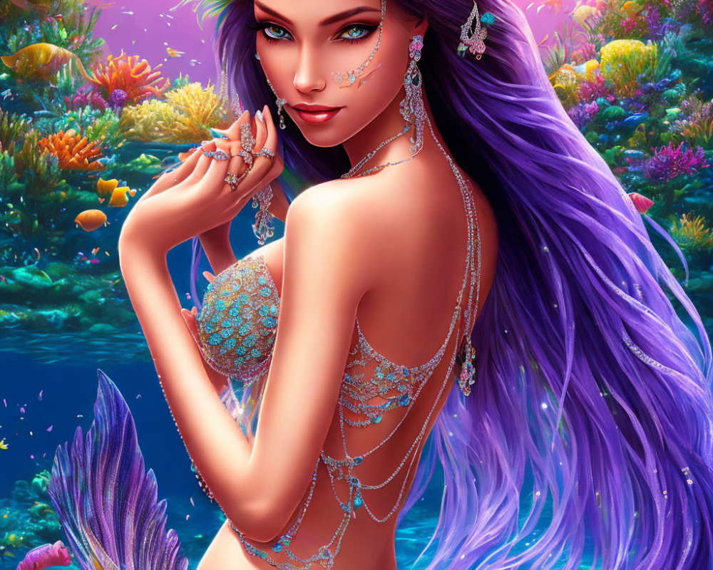 Colorful Coral Reef Scene with Purple-Haired Mermaid Illustration