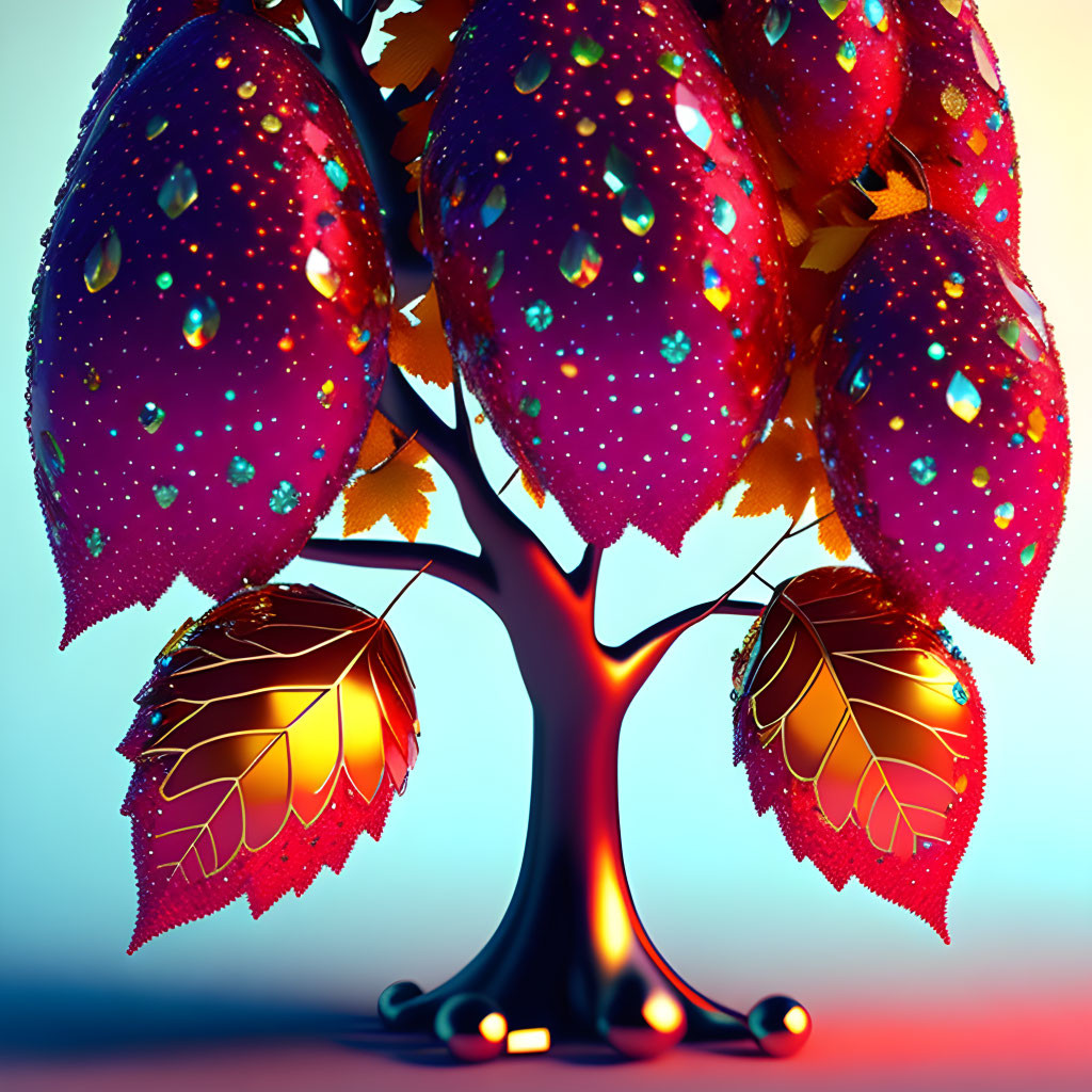 Colorful Tree Illustration with Purple Leaves and Jewels on Gradient Background