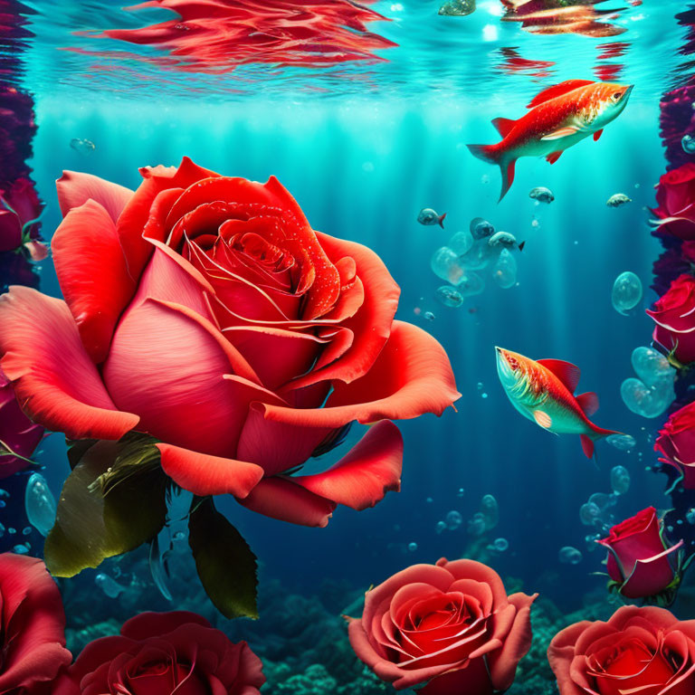 Colorful underwater scene with red roses, orange fish, bubbles, and light beams