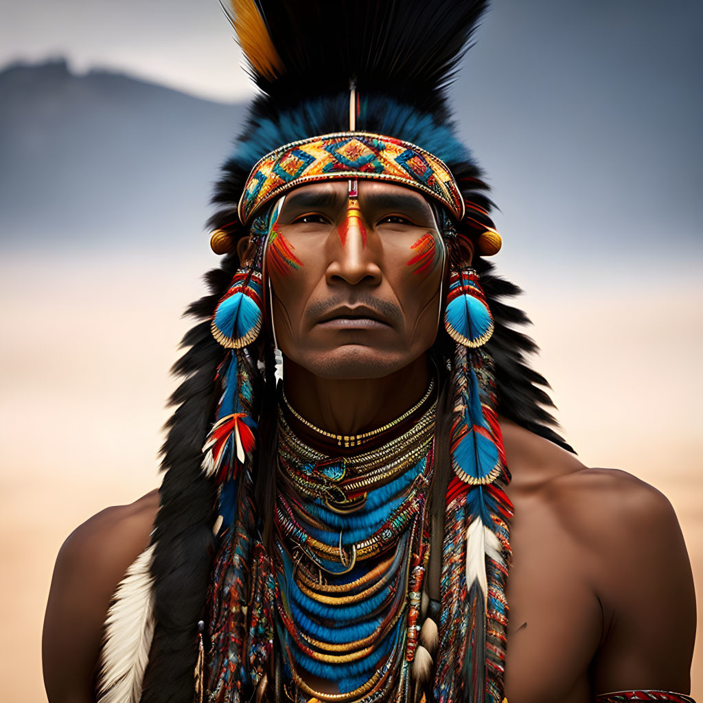 Traditional Native American attire portrait with feather headdress and beadwork in desert setting