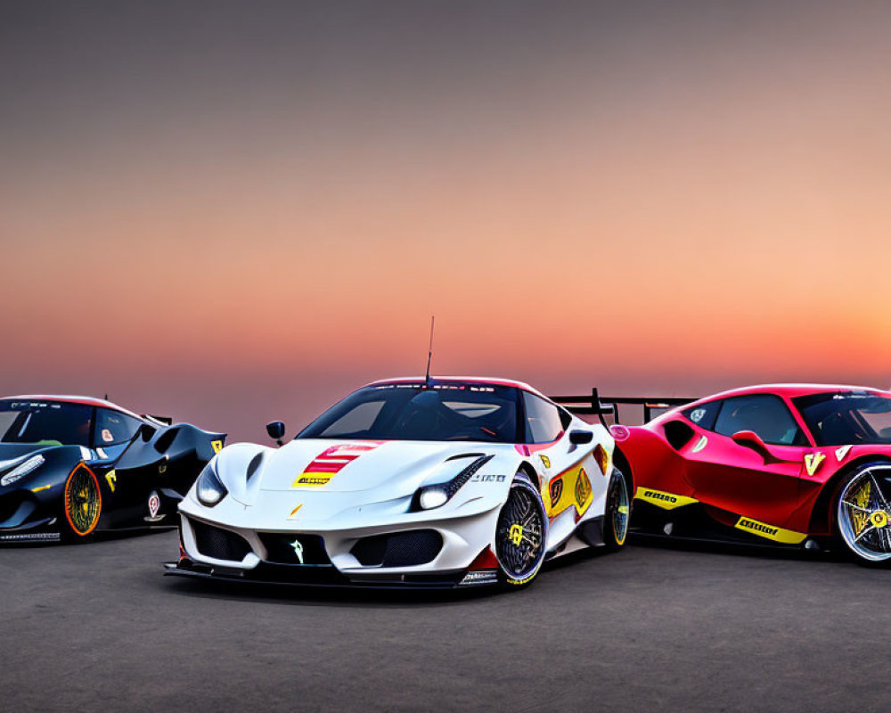 High-Performance Cars Racing at Sunset with Vibrant Skies