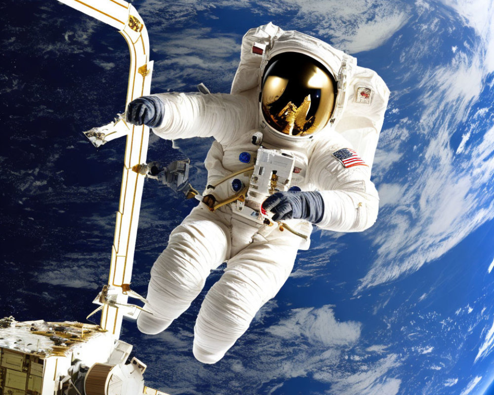 Astronaut in white space suit connected to space station with Earth in background