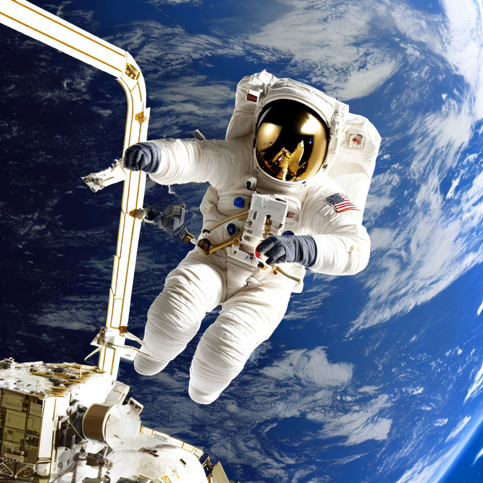 Astronaut in white space suit connected to space station with Earth in background