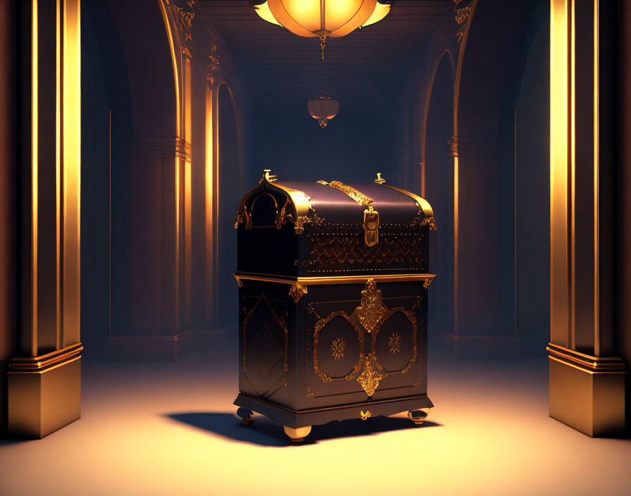 Ornate chest with golden accents in dimly lit corridor