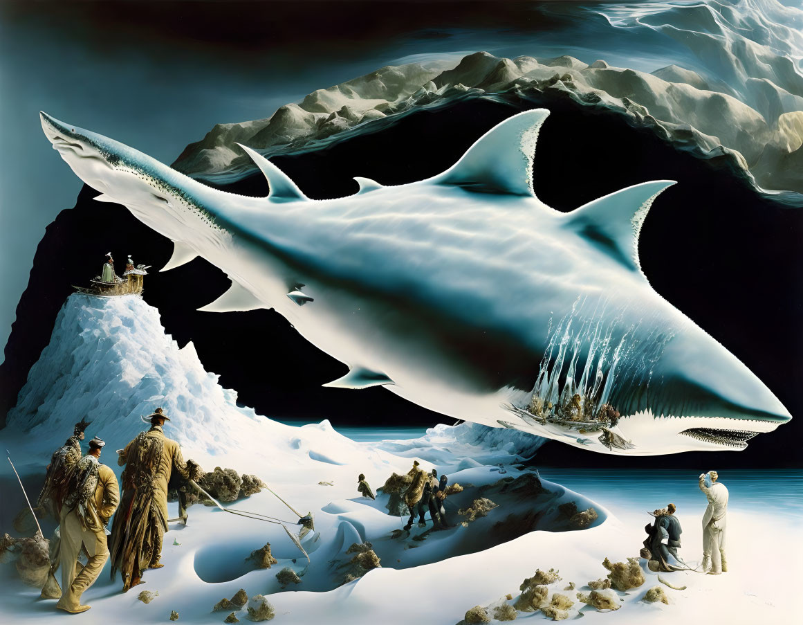 Surreal artwork: Giant shark above icy landscape with people in activities