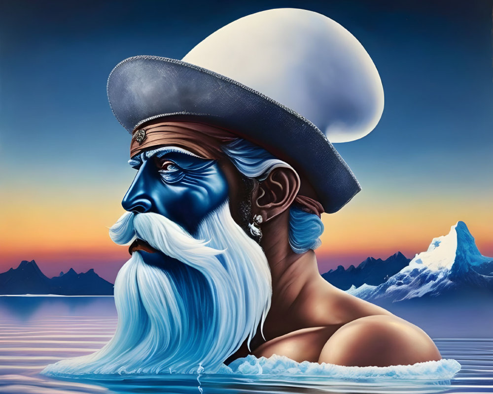 Bearded mariner in tricorn hat emerges from icy waters at dusk