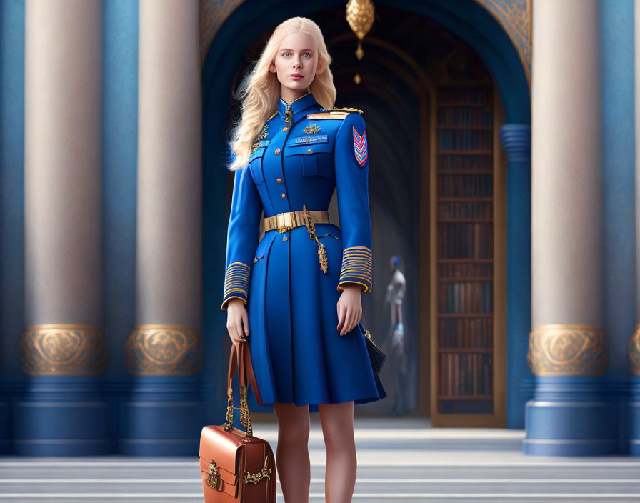 Stylized digital art: Woman in blue military uniform with gold accents, holding designer handbag in