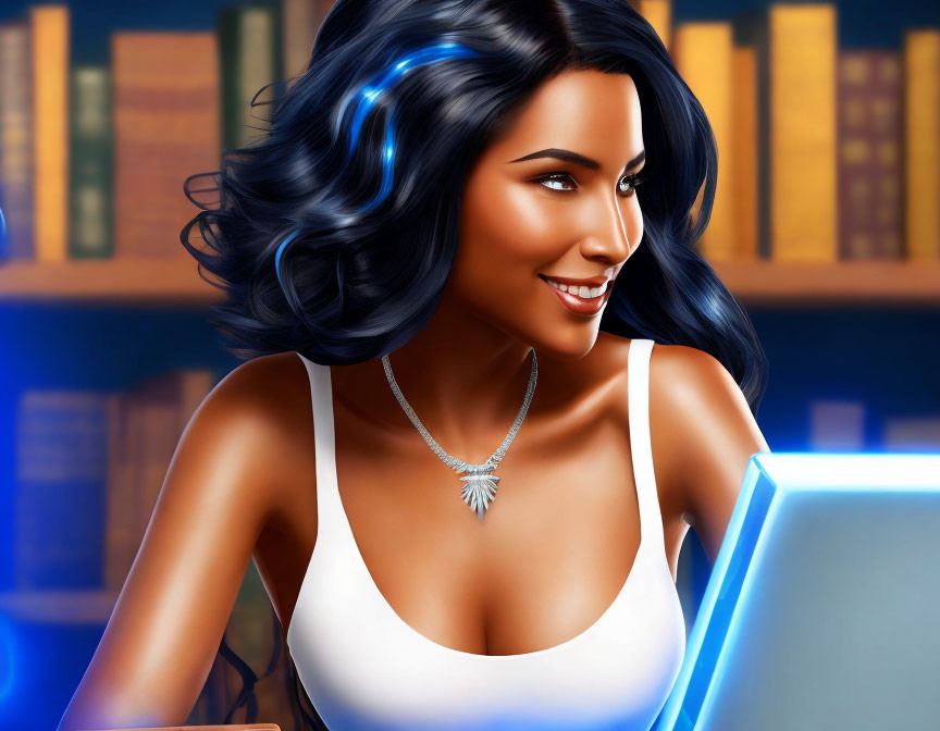 Dark-haired woman in white top smiling at computer screen in bookshelf-filled room