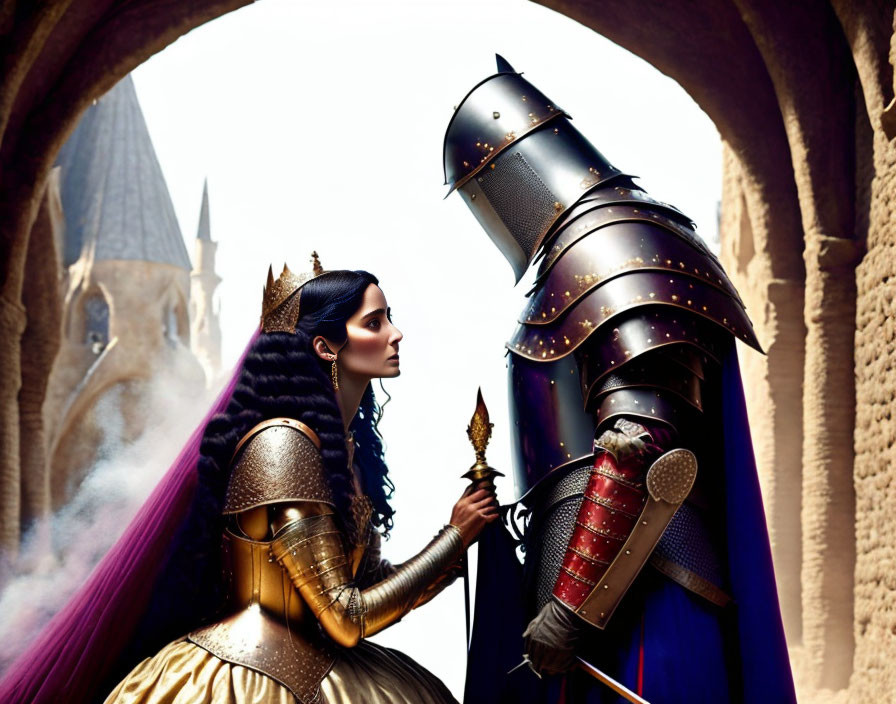 Knight in full armor and queen with golden crown in castle archway