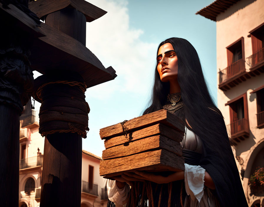 Woman in historical costume with wooden box in rustic setting