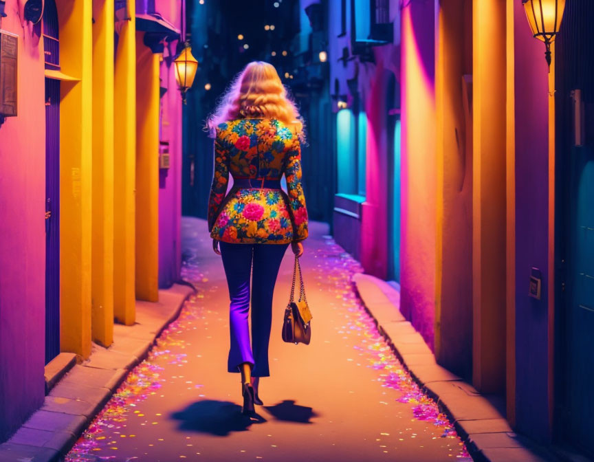 Blonde woman in floral jacket walking in neon-lit alleyway