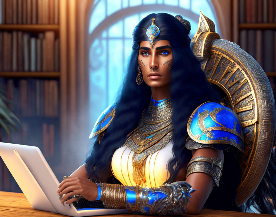 Digital artwork: Woman in blue armor with golden details, headdress, and laptop at desk in room