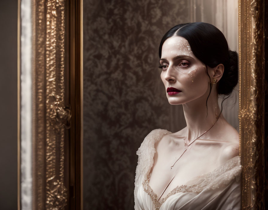 Dark-haired woman in white dress with lace by ornate mirror