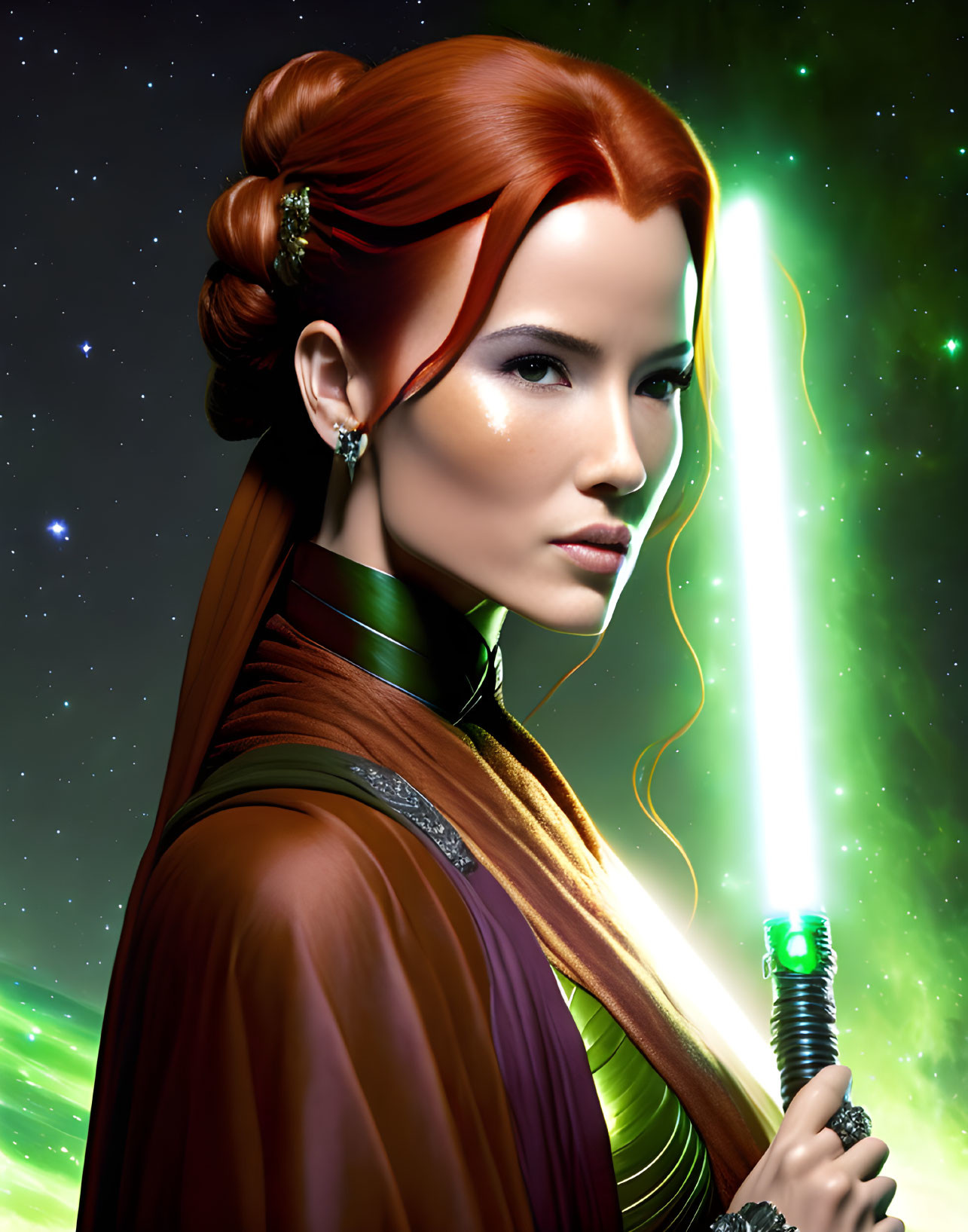 Red-Haired Woman with Green Lightsaber in Sci-Fi Digital Art