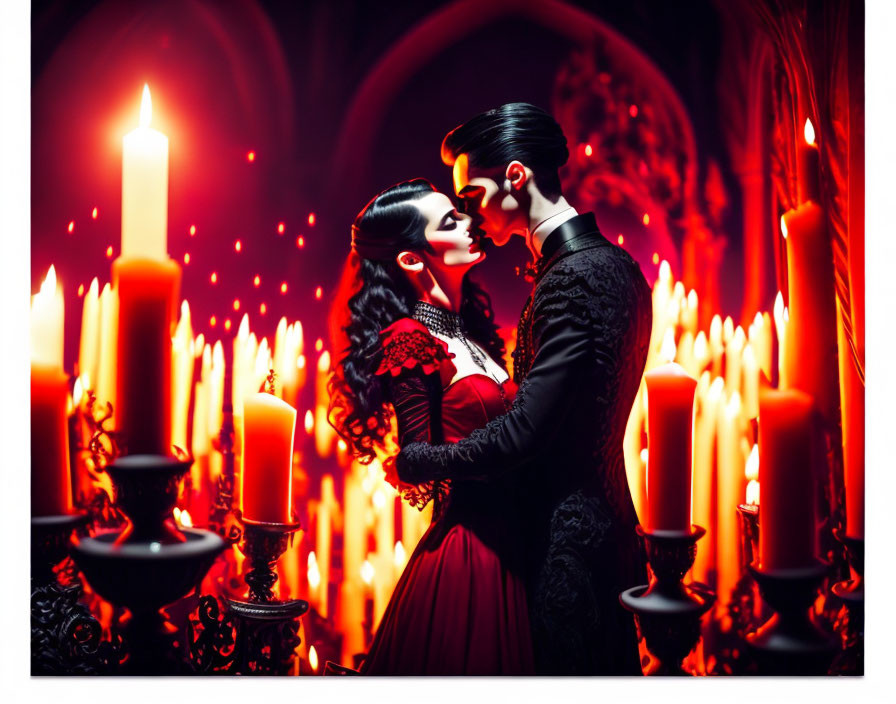 Gothic attire couple embraces romantically in candlelit, Baroque scene