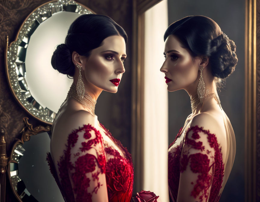 Woman in Red Lace Dress Admiring Reflection in Ornate Mirror