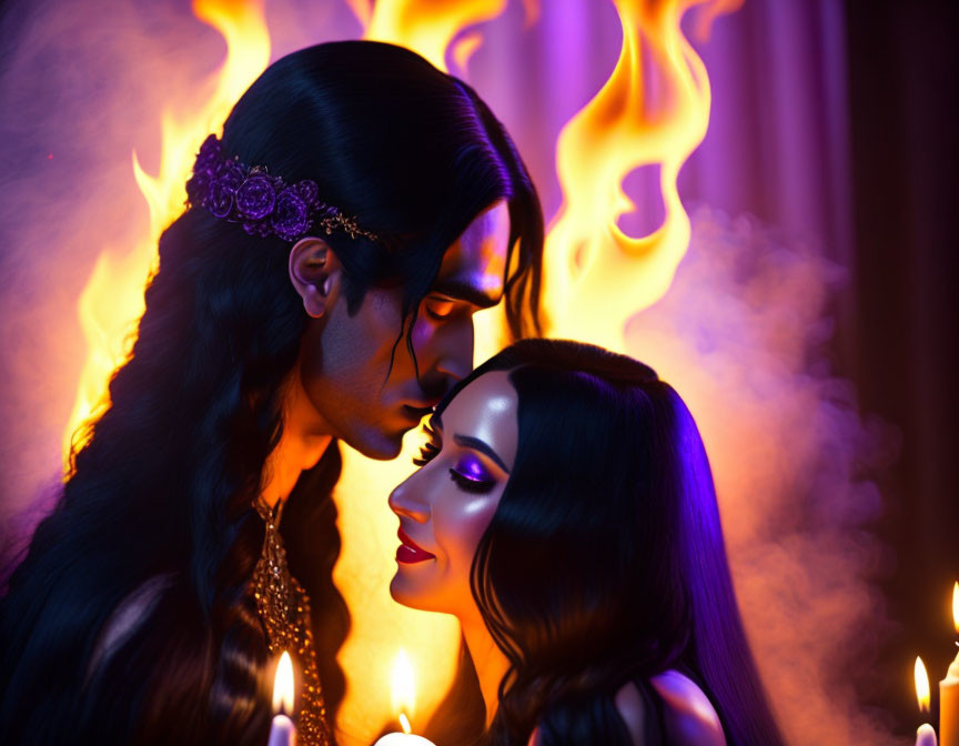 Romantic embrace amidst candlelight and flames