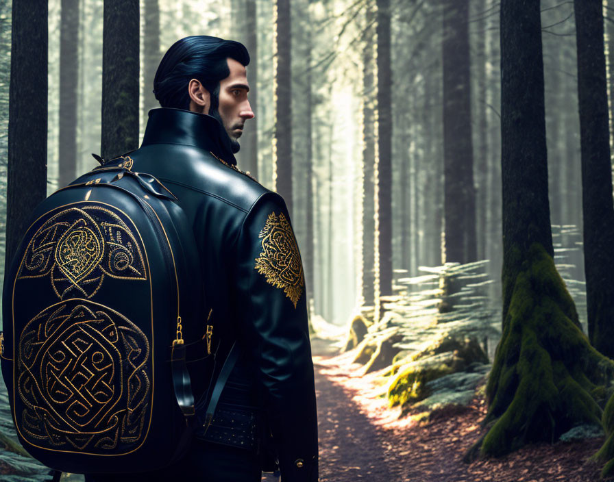 Man in Black Leather Jacket with Gold Embroidery in Misty Pine Forest