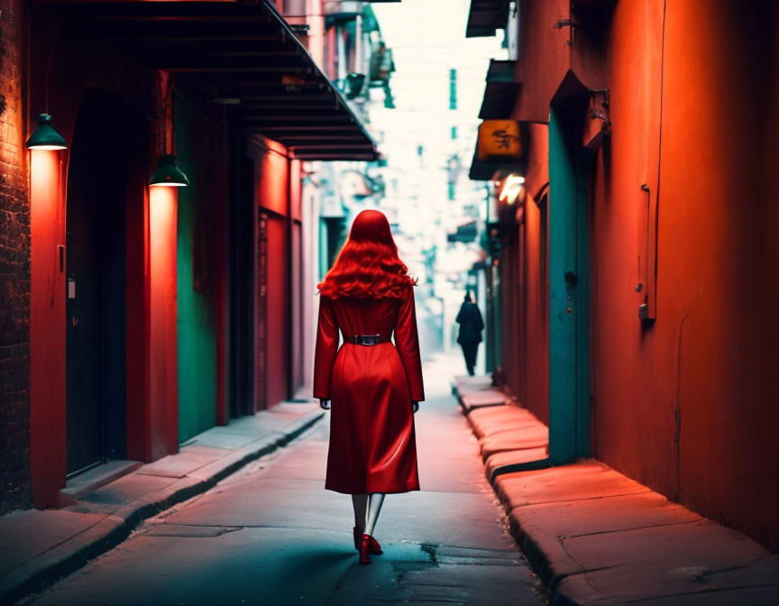 Person in Red Cloak Walking in Moody Alleyway with Red-Lit Doorways