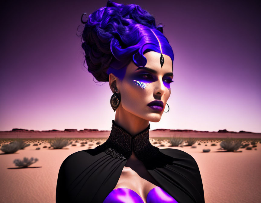 Blue-haired woman with glowing makeup in desert dusk portrait