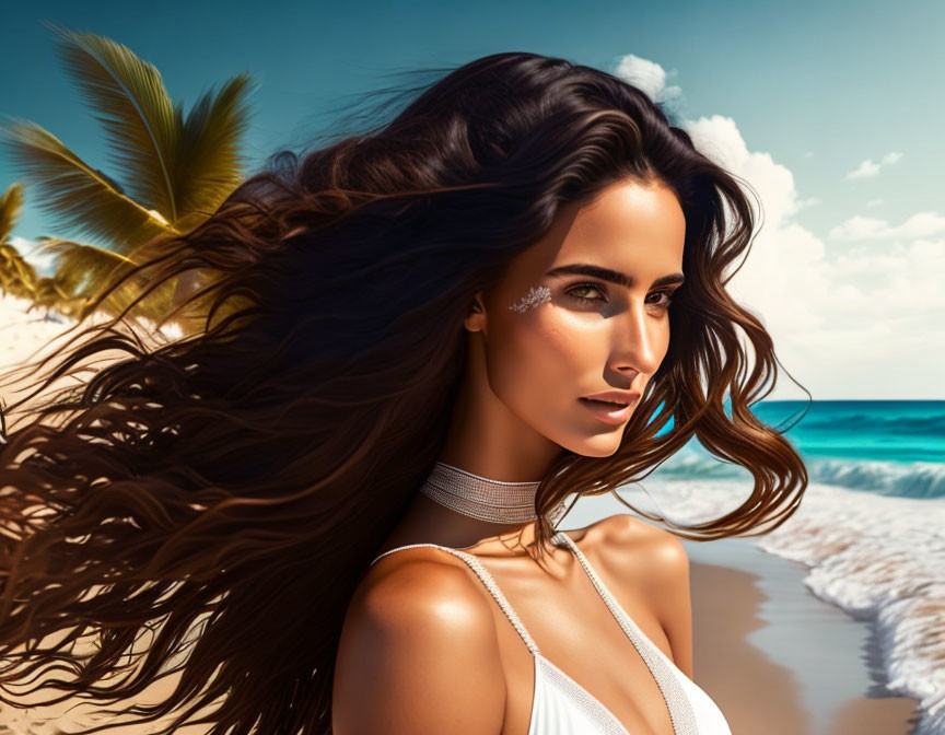 Woman with flowing hair on beach with palm trees and ocean.