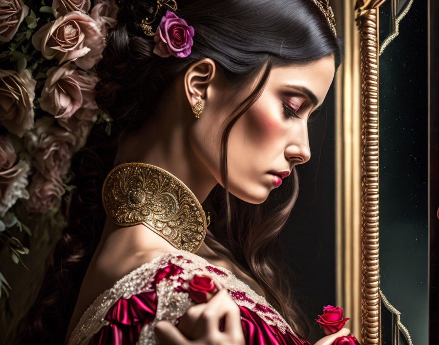 Vintage Red Dress Woman with Floral Accents Beside Gilded Mirror