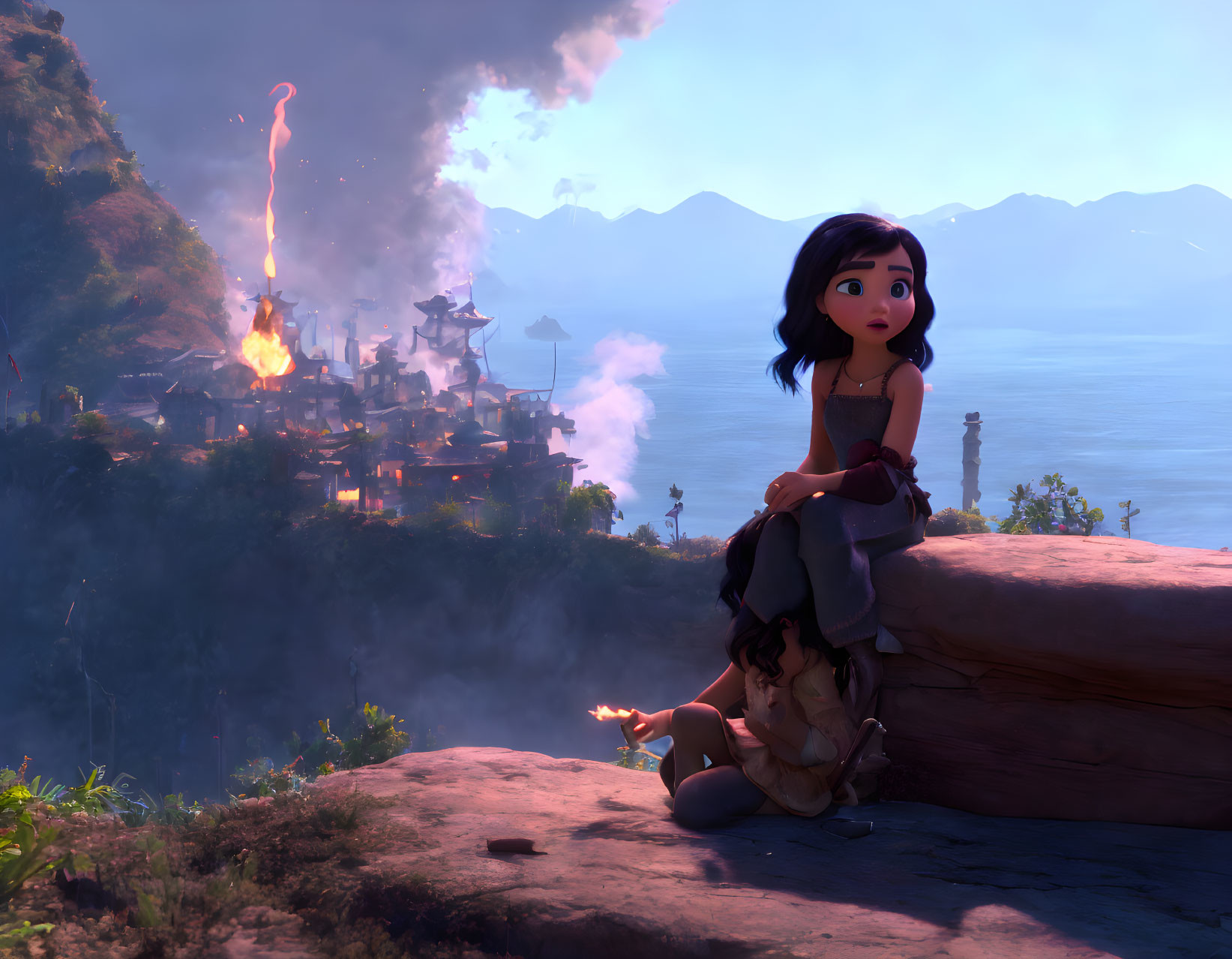 Animated girl in purple attire gazes at burning village.