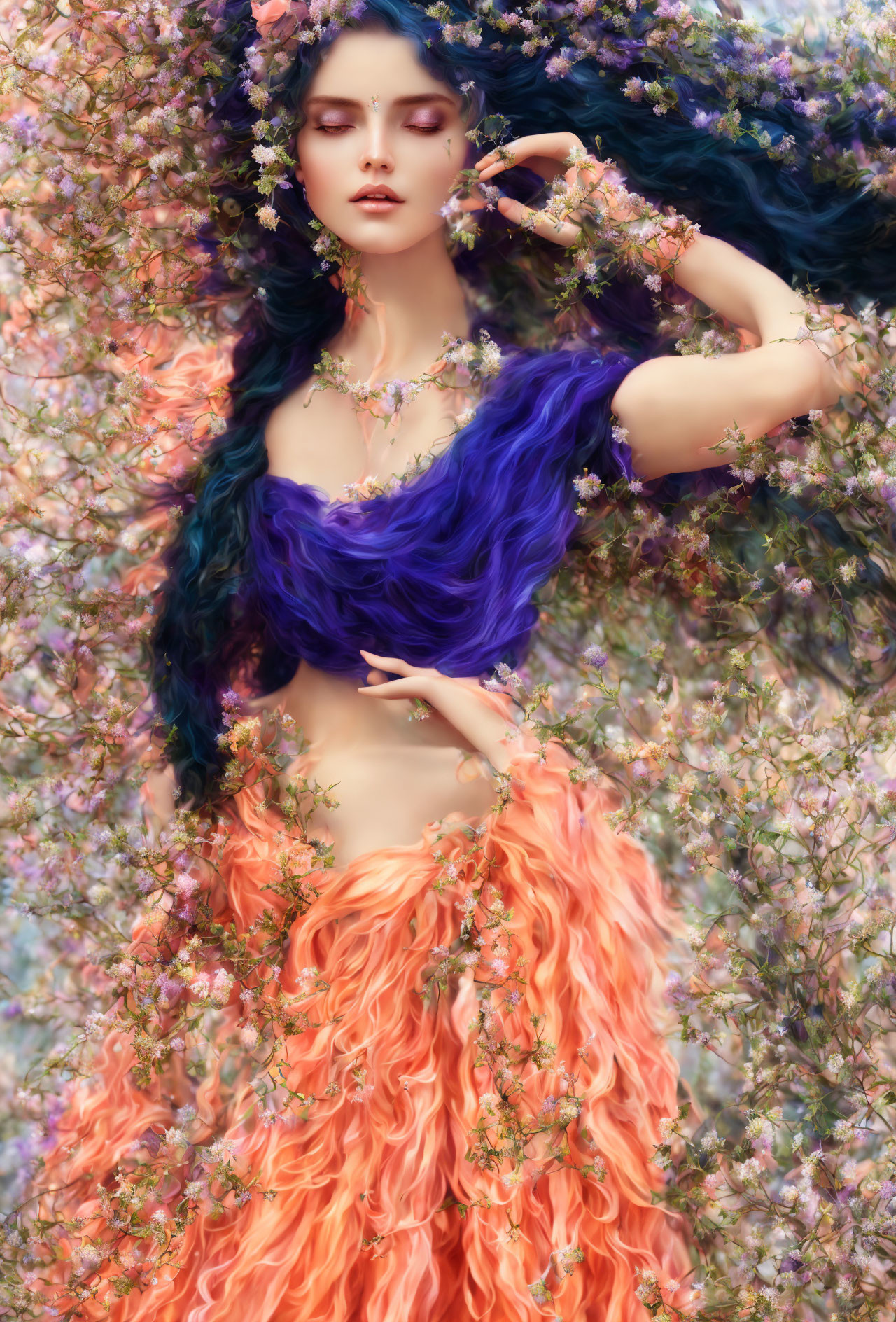 Colorful-haired woman in floral attire posing among blossoming branches