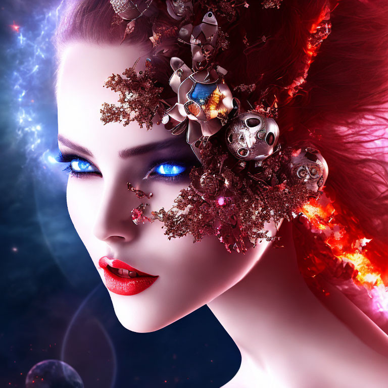 Fantastical portrait of woman with vibrant blue eyes and intricate headpiece against fiery cosmic background