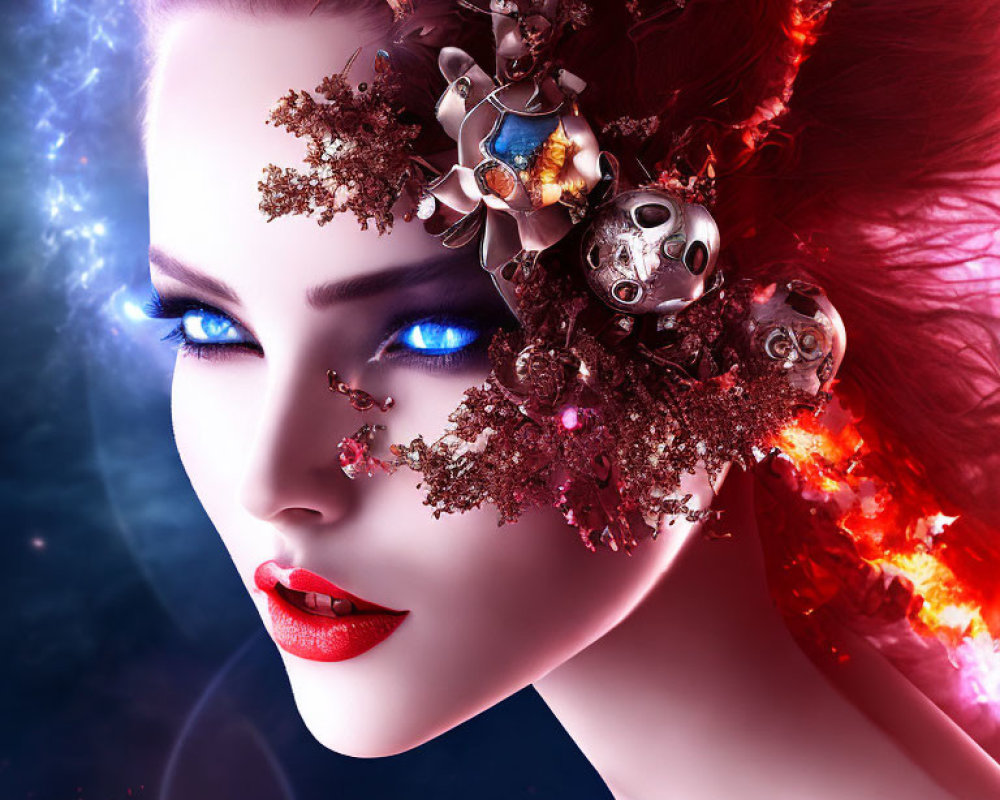 Fantastical portrait of woman with vibrant blue eyes and intricate headpiece against fiery cosmic background