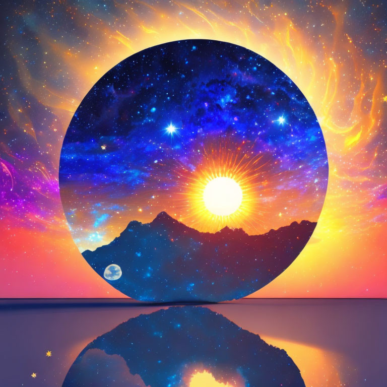 Surreal landscape with celestial sphere, starry sky, sun, mountains, calm waters, vibrant