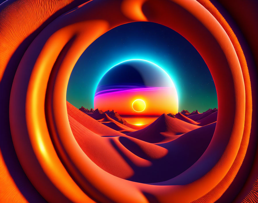 Surreal landscape with orange arches, vibrant sunset, desert dunes, starry sky,