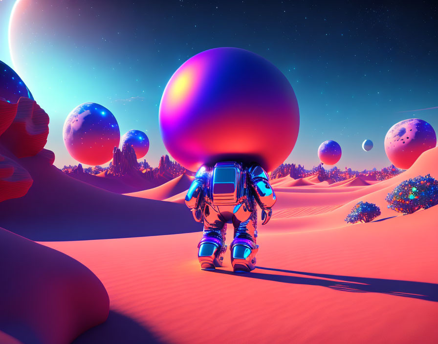 Futuristic astronaut explores alien planet with colorful flora and multiple moons