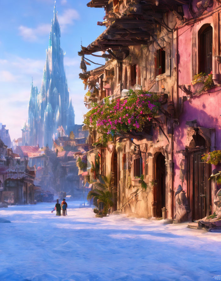 Vibrant fantasy cityscape with crystal castle and figures